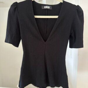 Reformation Black Ribbed Deep V Short Sleeve Top Medium